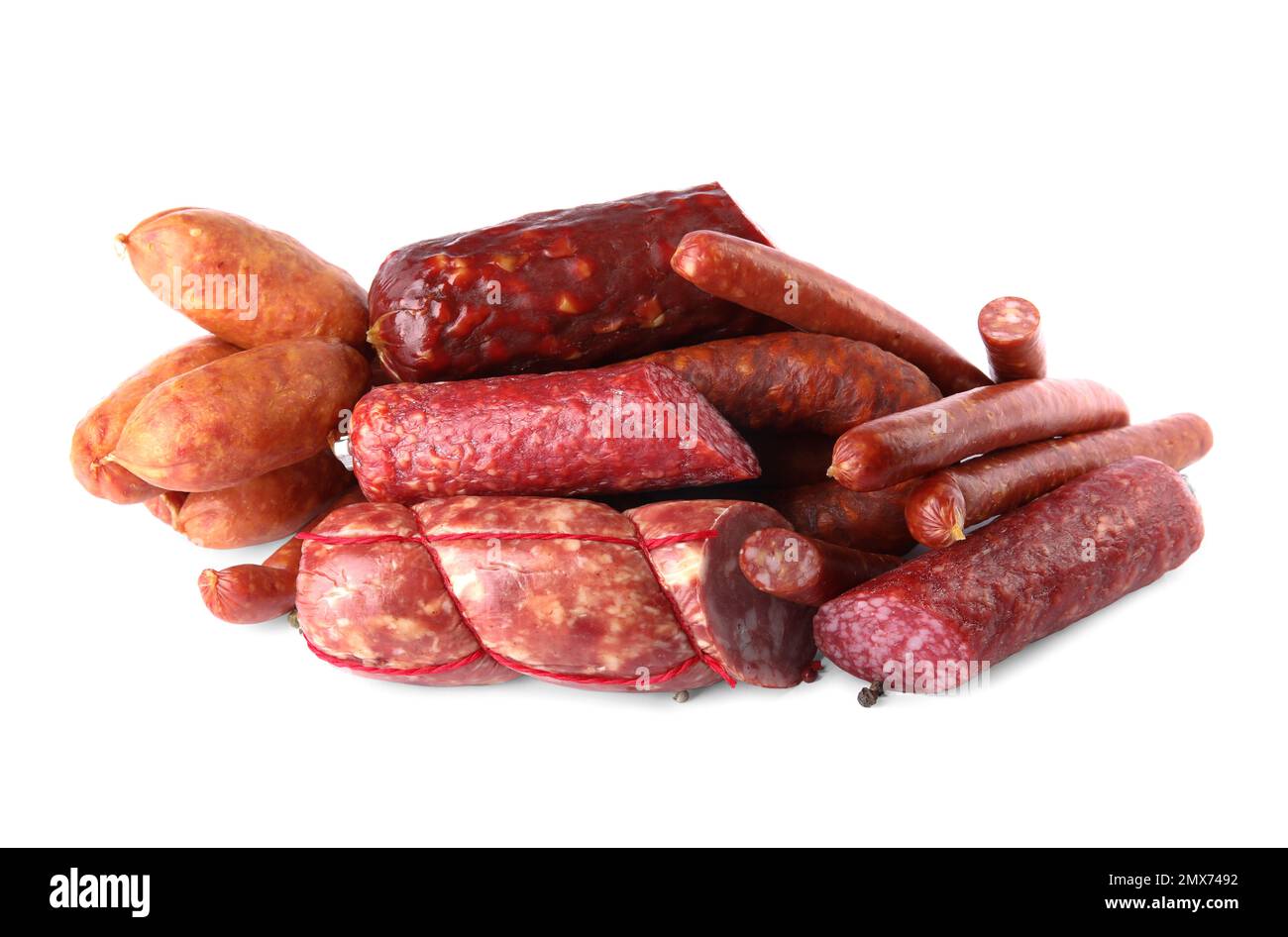 Different types of sausages on white background Stock Photo Alamy