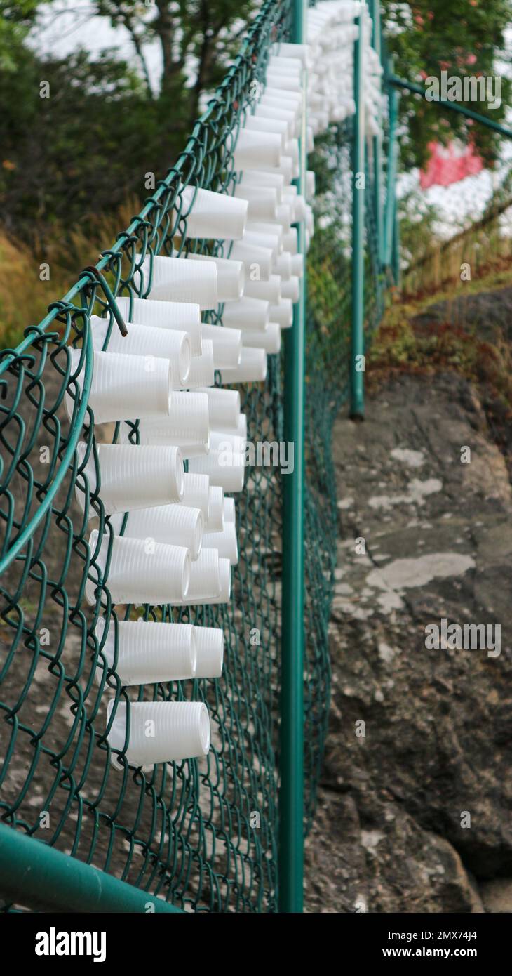close-up of plastic cups in the fence Stock Photo