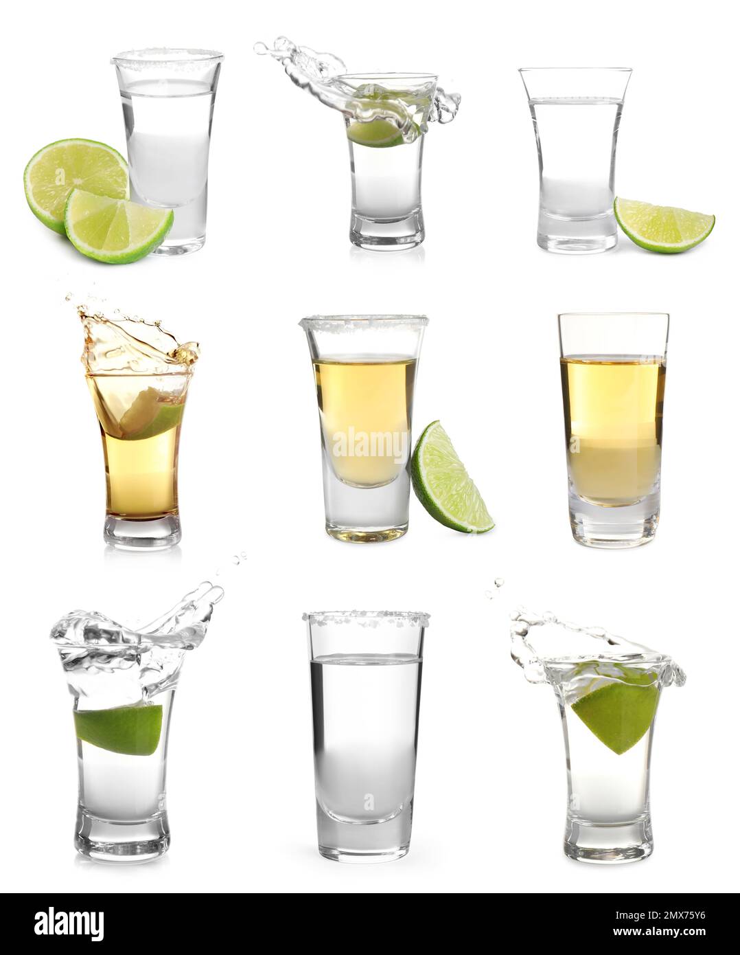 Set of different Mexican Tequila shots on white background Stock Photo