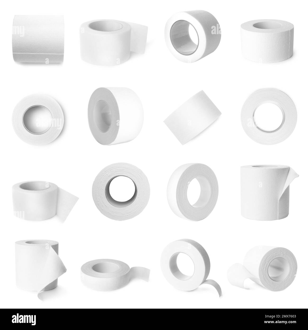 Set with medical sticking plaster rolls on white background Stock Photo ...