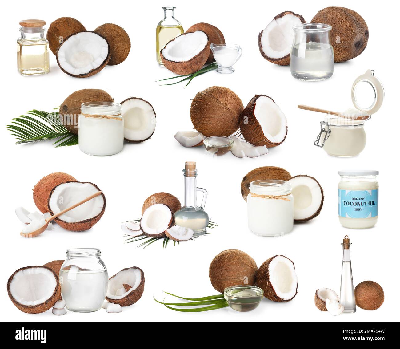 Set of coconuts and organic cooking oil on white background Stock Photo