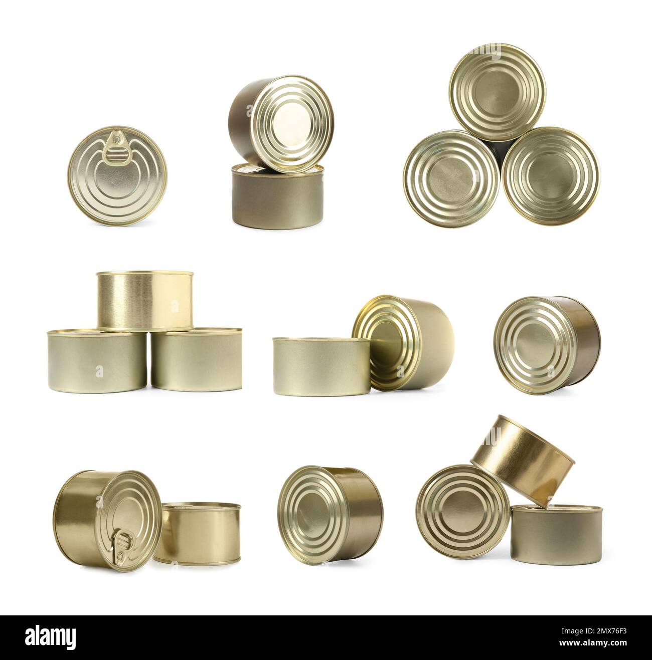 Set with closed tin cans on white background Stock Photo