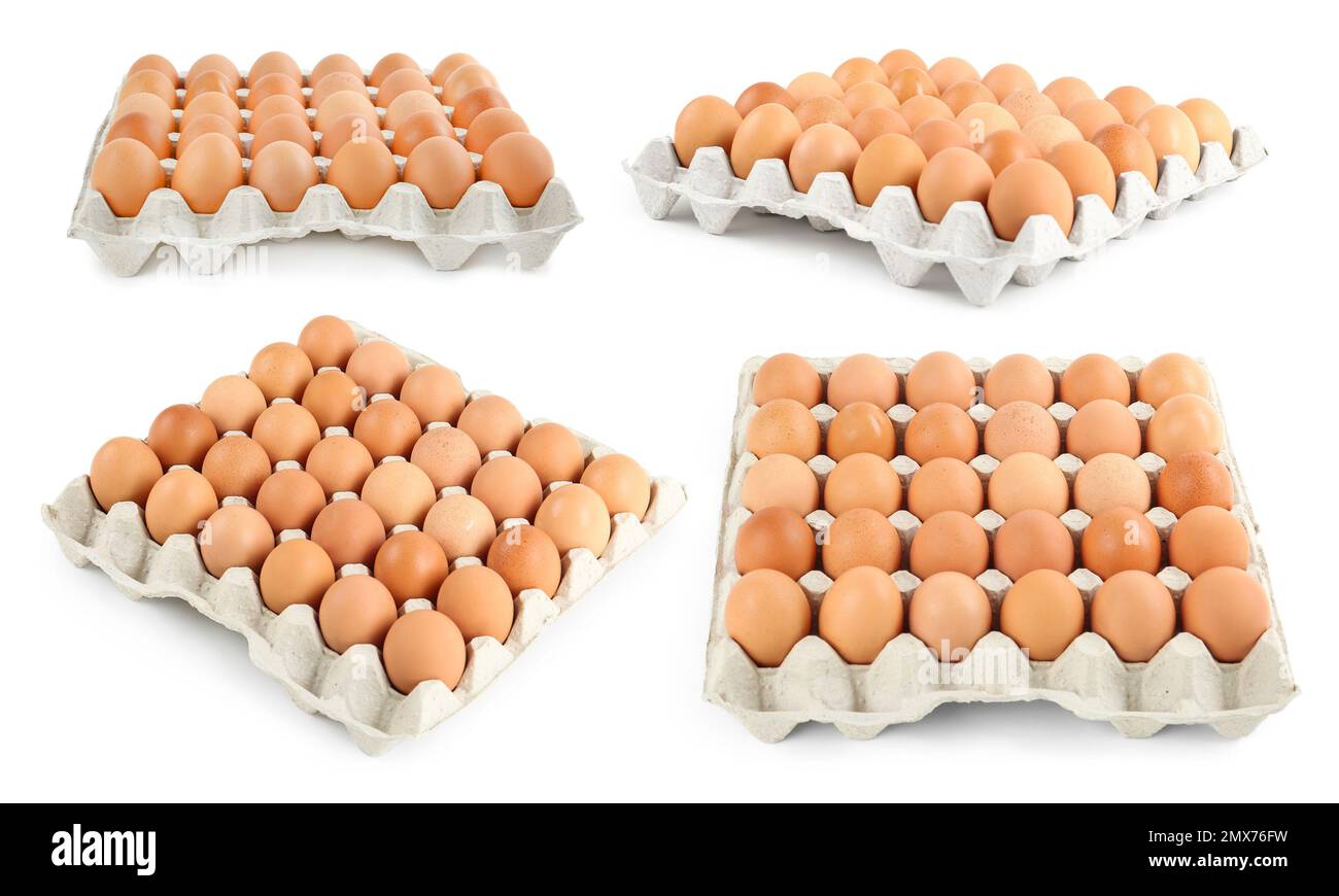 Set of raw chicken eggs on white background Stock Photo - Alamy