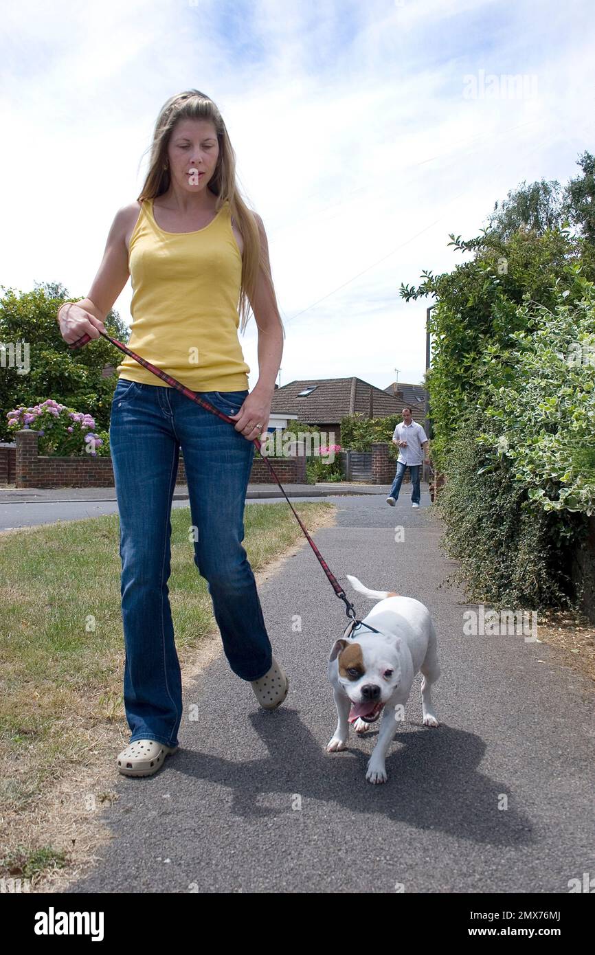 blonde woman walking her staffordshire bul terrier in street with man following behind Stock Photo