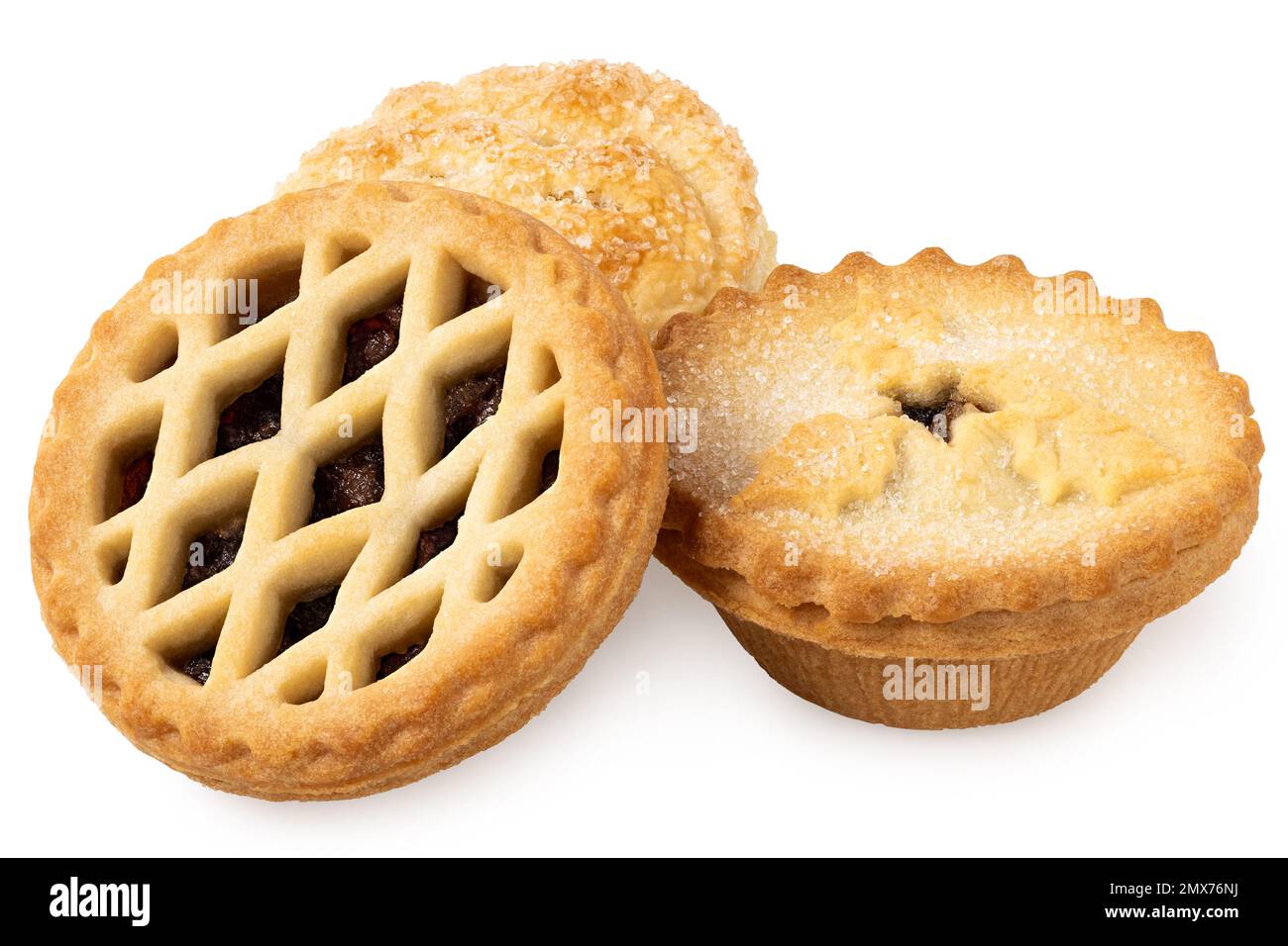 Three types of all butter mince pies isolated on white. Stock Photo