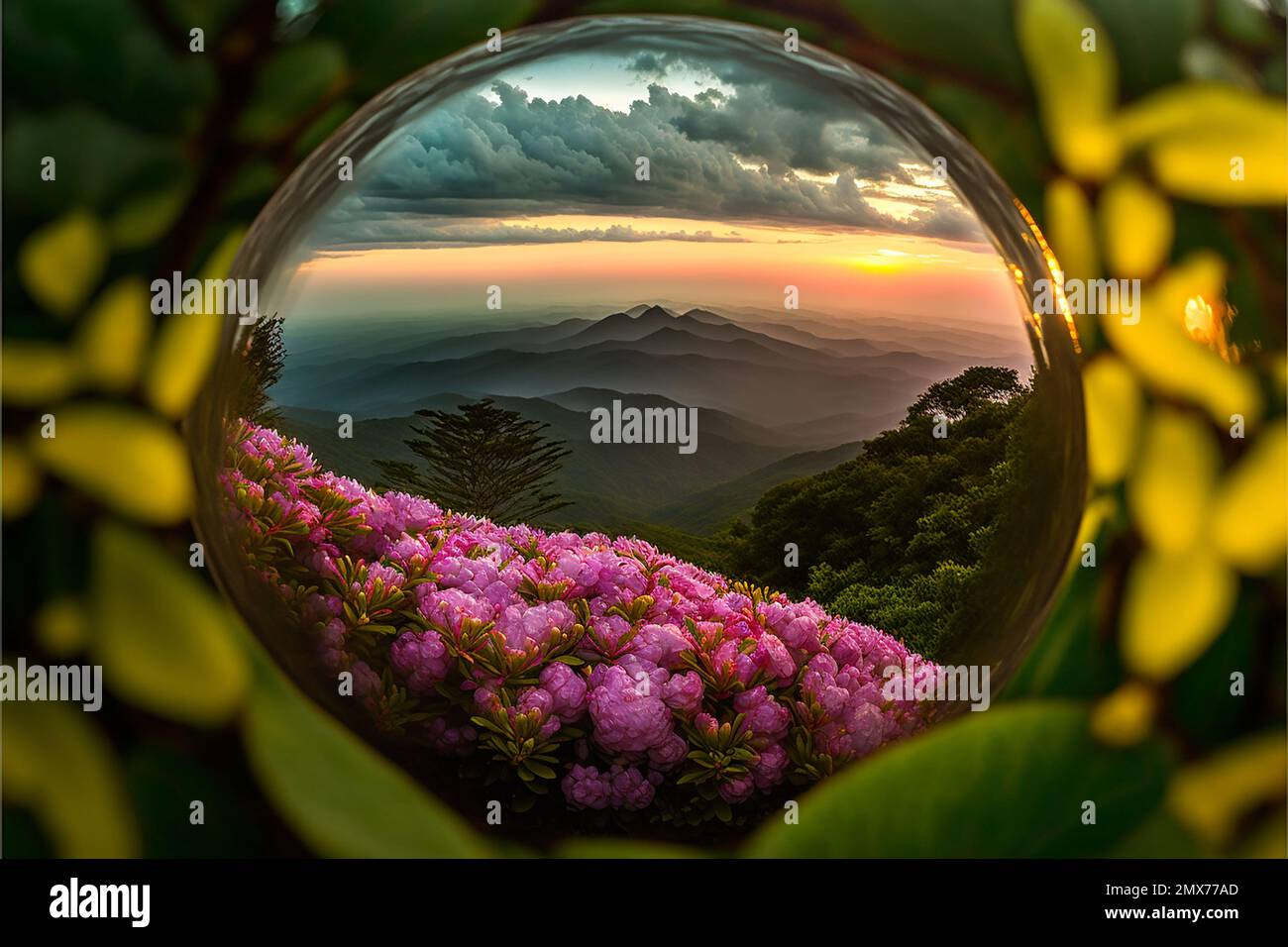 MIDJOURNEY AI art landscape of  crystal globe with Rhododendron along Appalachian Trail in Southern mountain bald Stock Photo