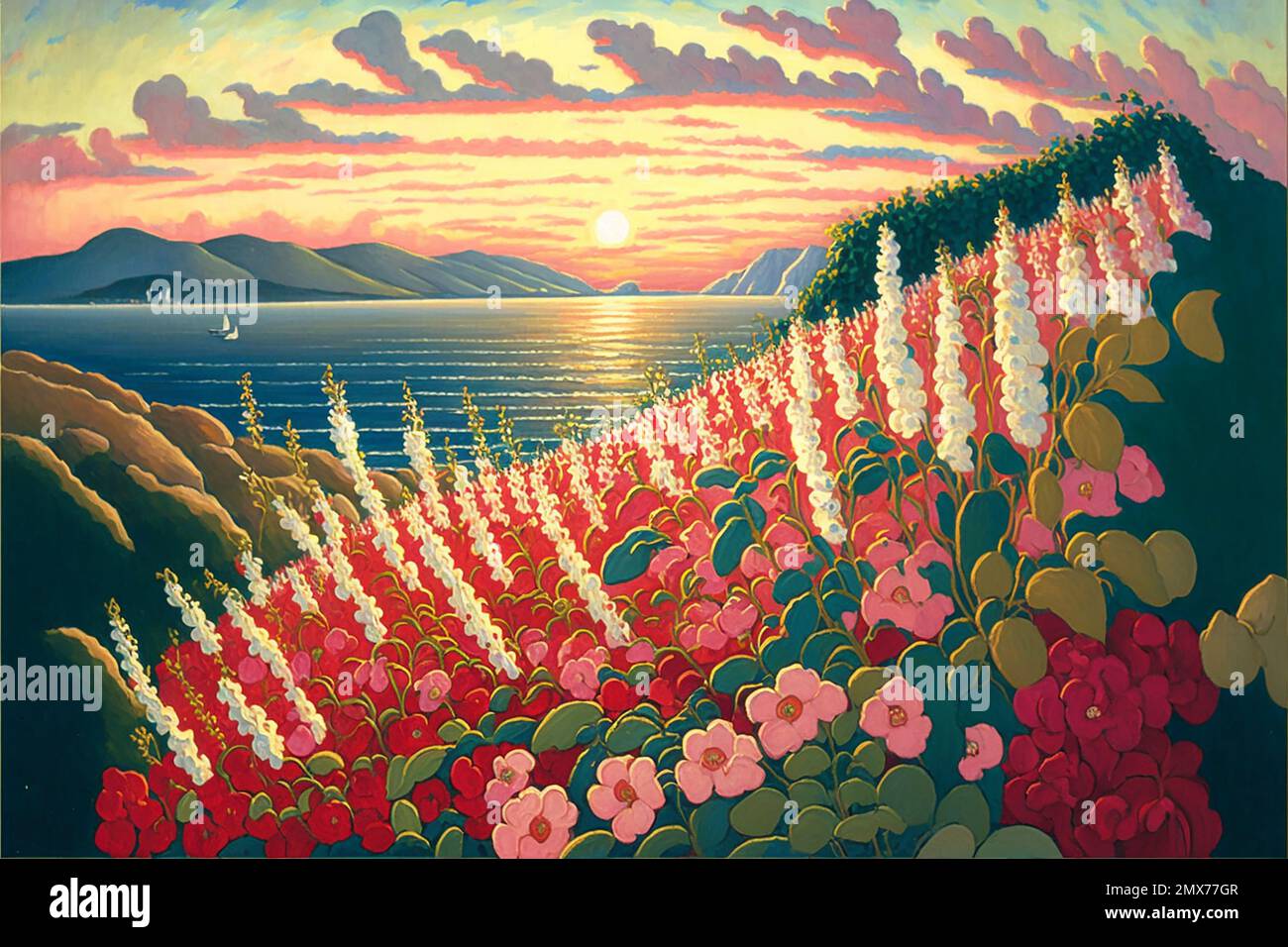 MIDJOURNEY AI art landscape of  wild flowers at the ocean coast Stock Photo