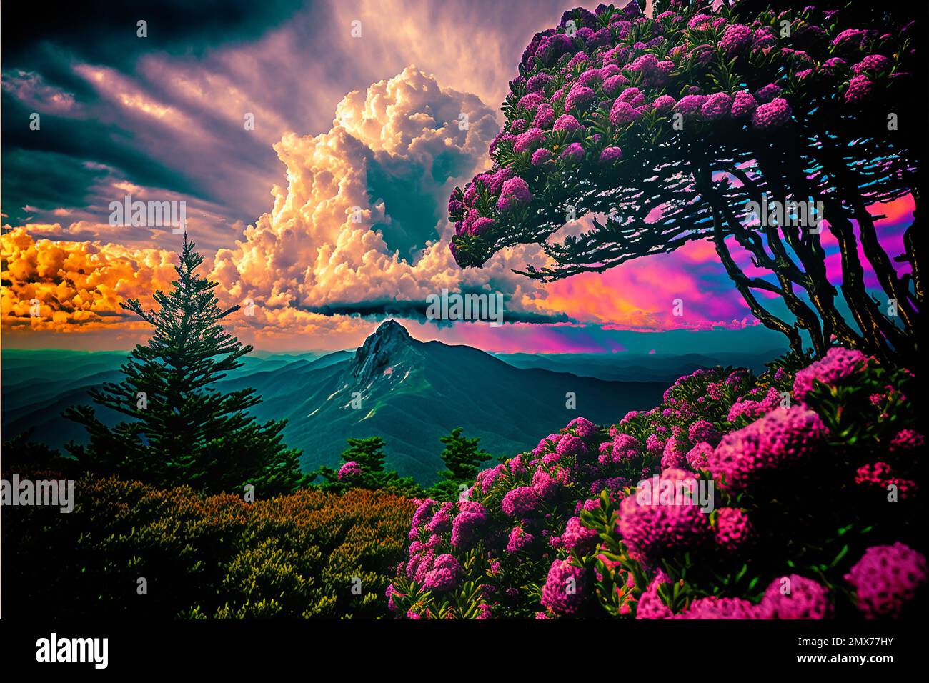 MIDJOURNEY AI art landscape of  Rhododendron along Appalachian Trail in Southern mountain bald Stock Photo