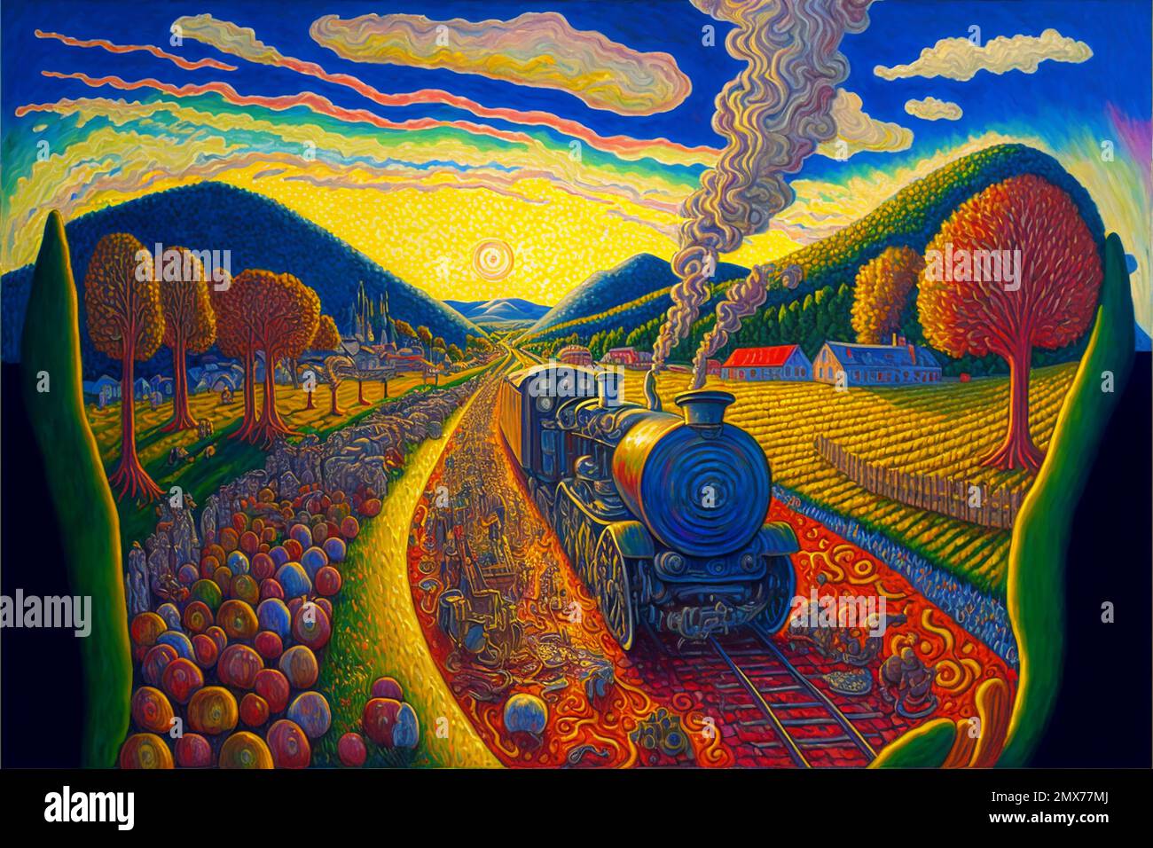 MIDJOURNEY AI art landscape of steam train in a mountain valley Stock Photo