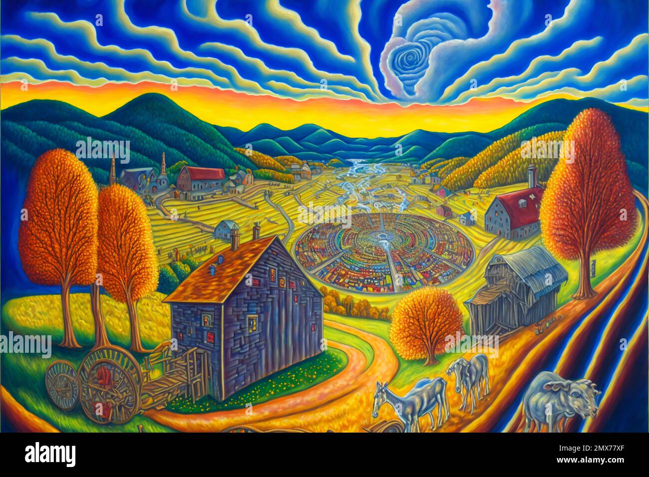 Midjourney AI art landscape of a village in the mountains Stock Photo