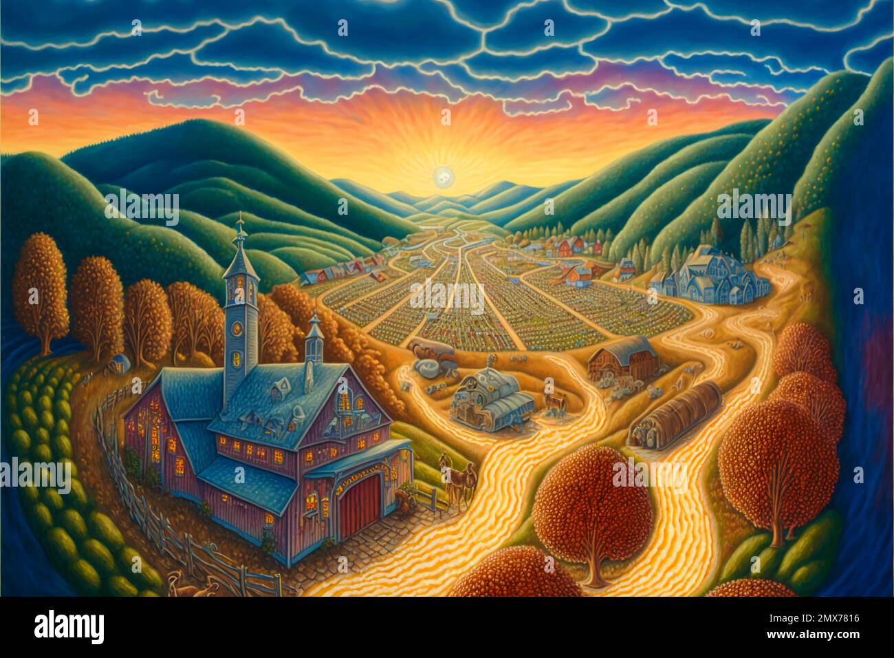 Midjourney AI art landscape of a village in the mountains Stock Photo