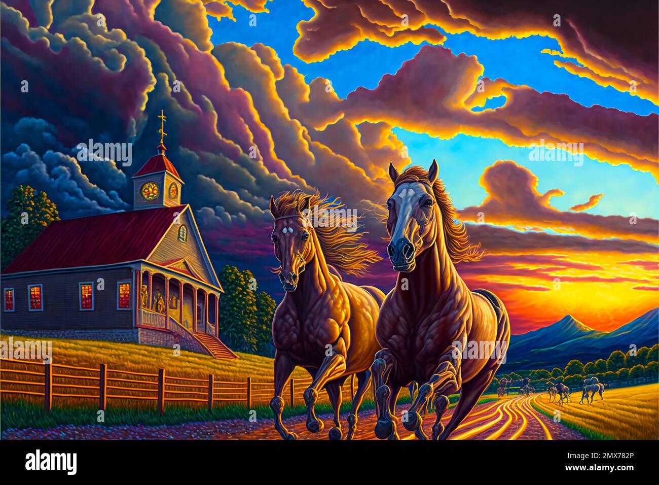 Midjourney AI art landscape of a horses running on a farm Stock Photo