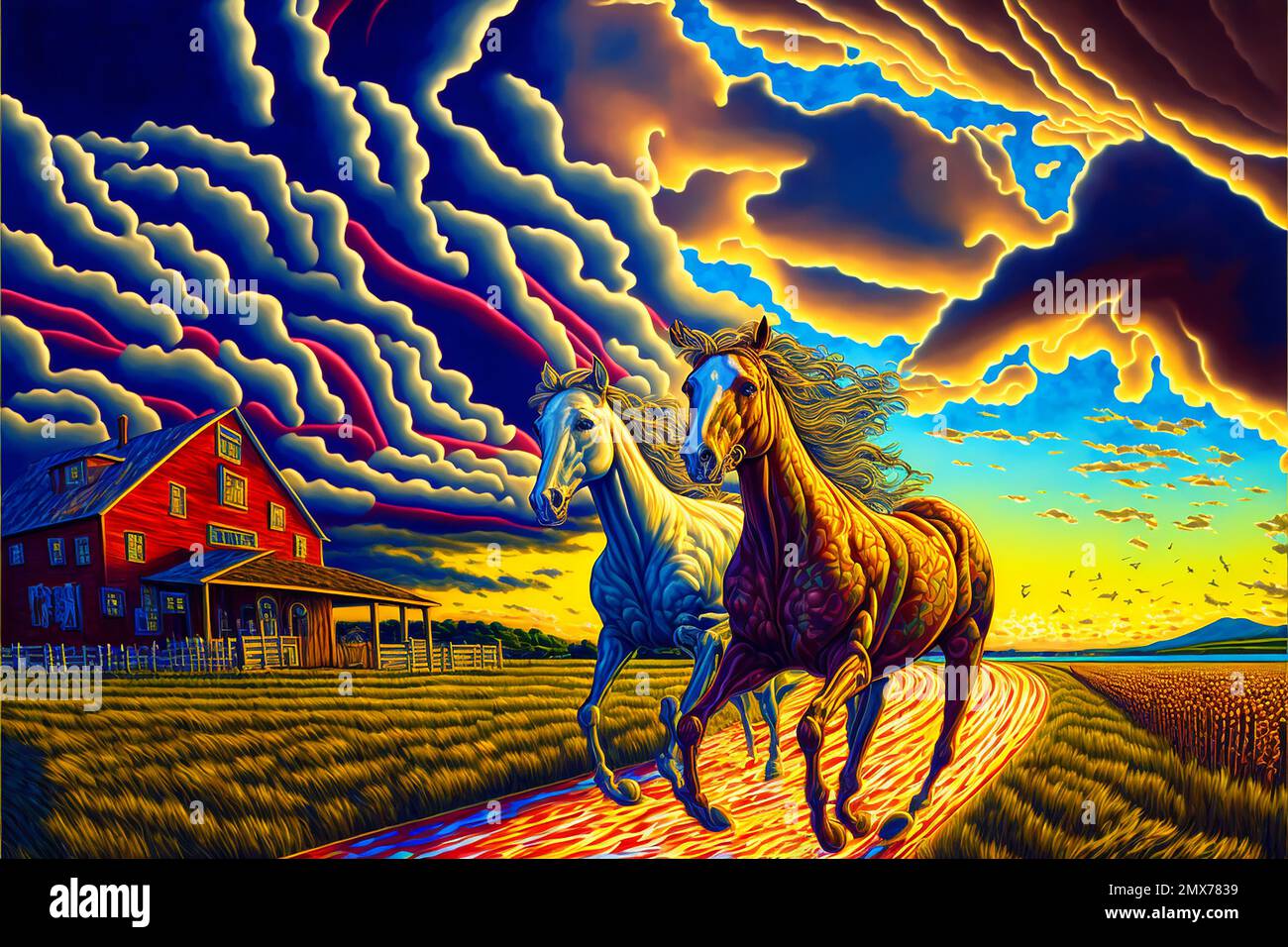 Midjourney AI art landscape of a horses running on a farm Stock Photo
