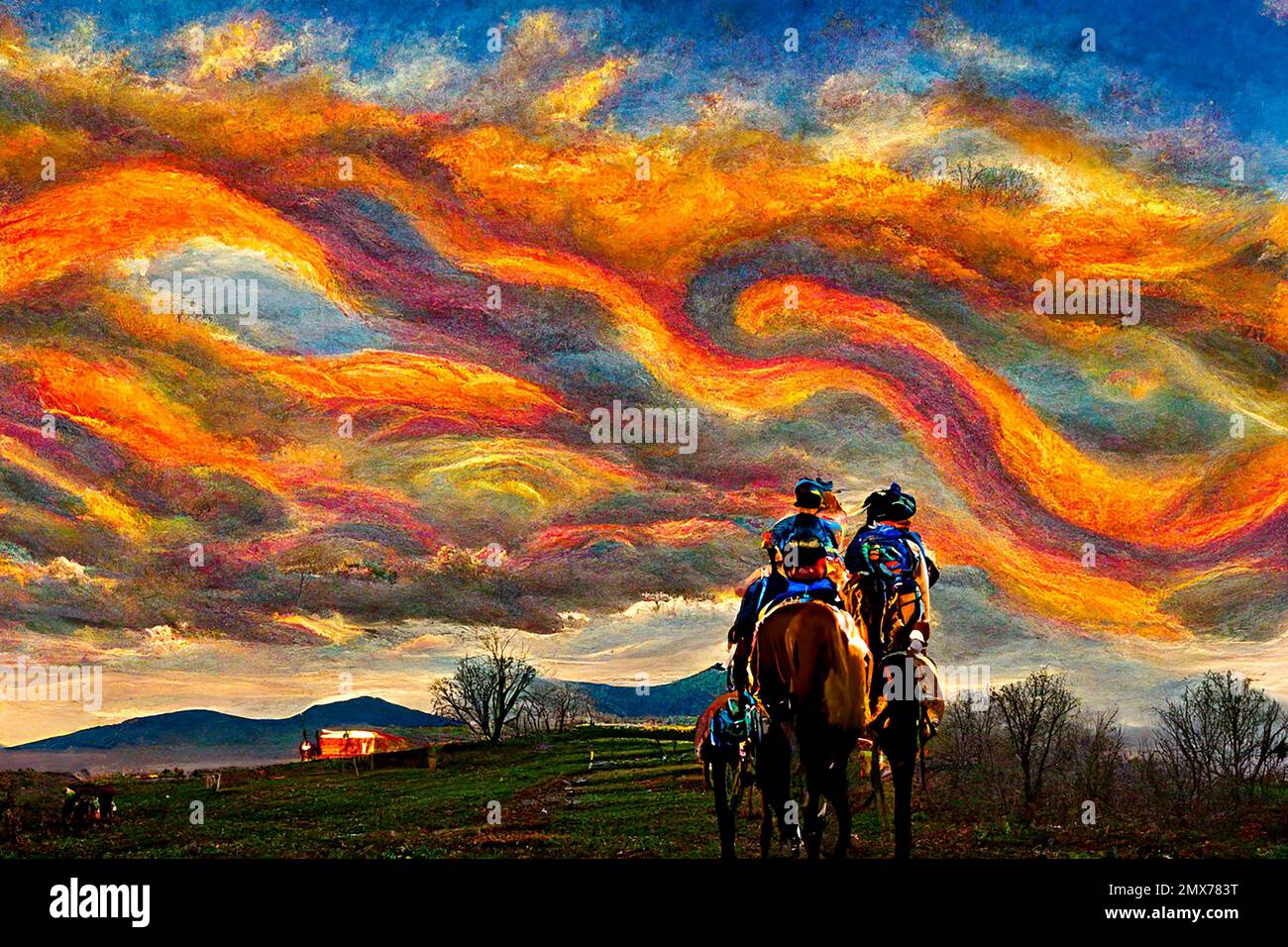 Midjourney AI art landscape of a horses on a horse farm Stock Photo