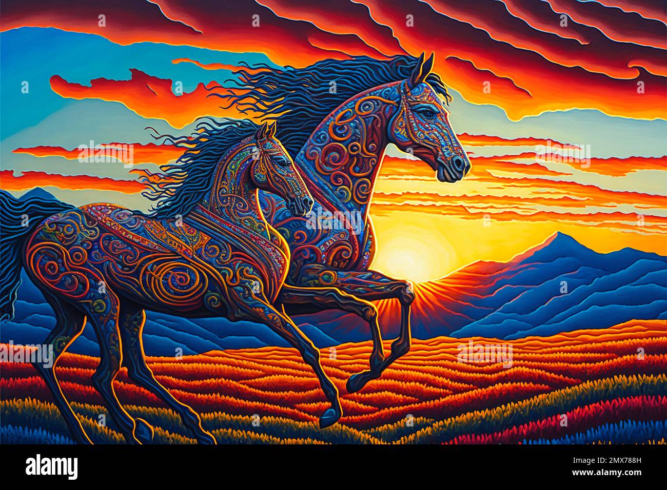 Midjourney AI art landscape of a horses running in the mountains Stock Photo