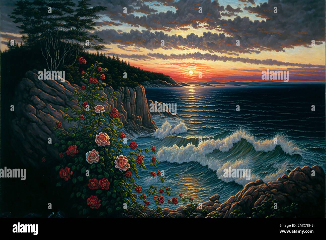 MIDJOURNEY AI art landscape of  wild roses at Maine Coast Stock Photo
