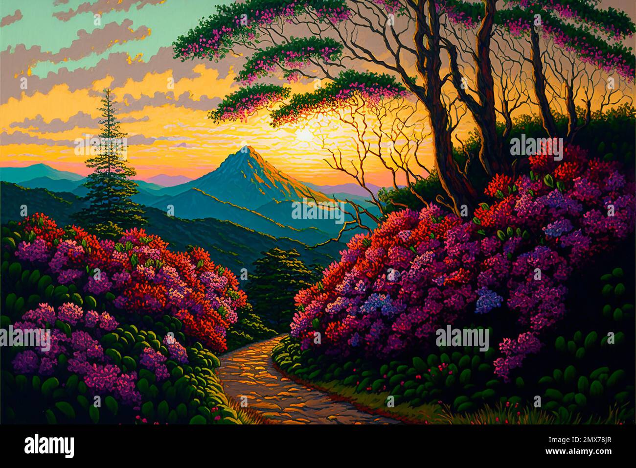 MIDJOURNEY AI art landscape of  Rhododendron along Appalachian Trail in Southern mountain bald Stock Photo