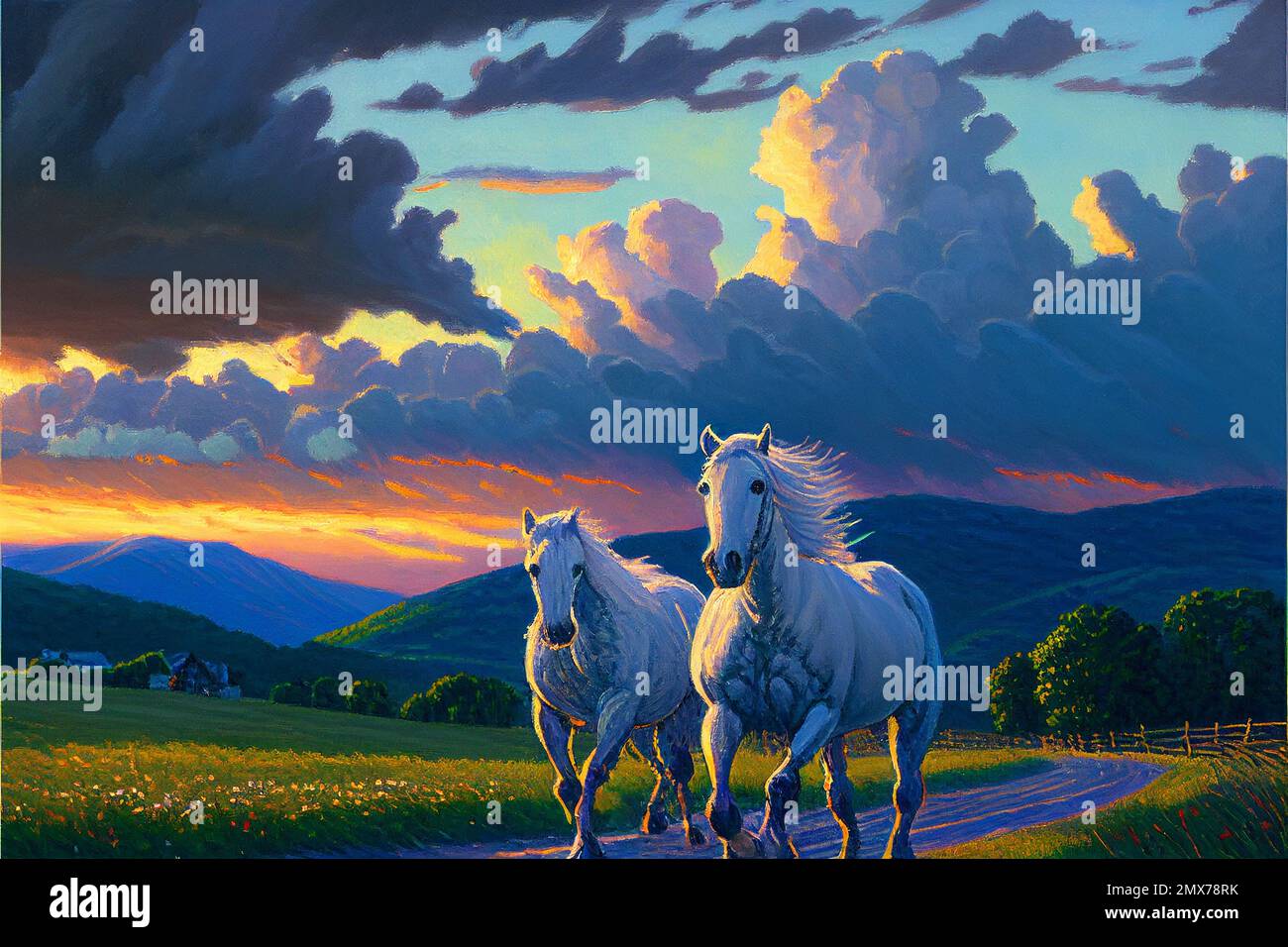 Midjourney AI art landscape of a horses running in the mountains Stock Photo