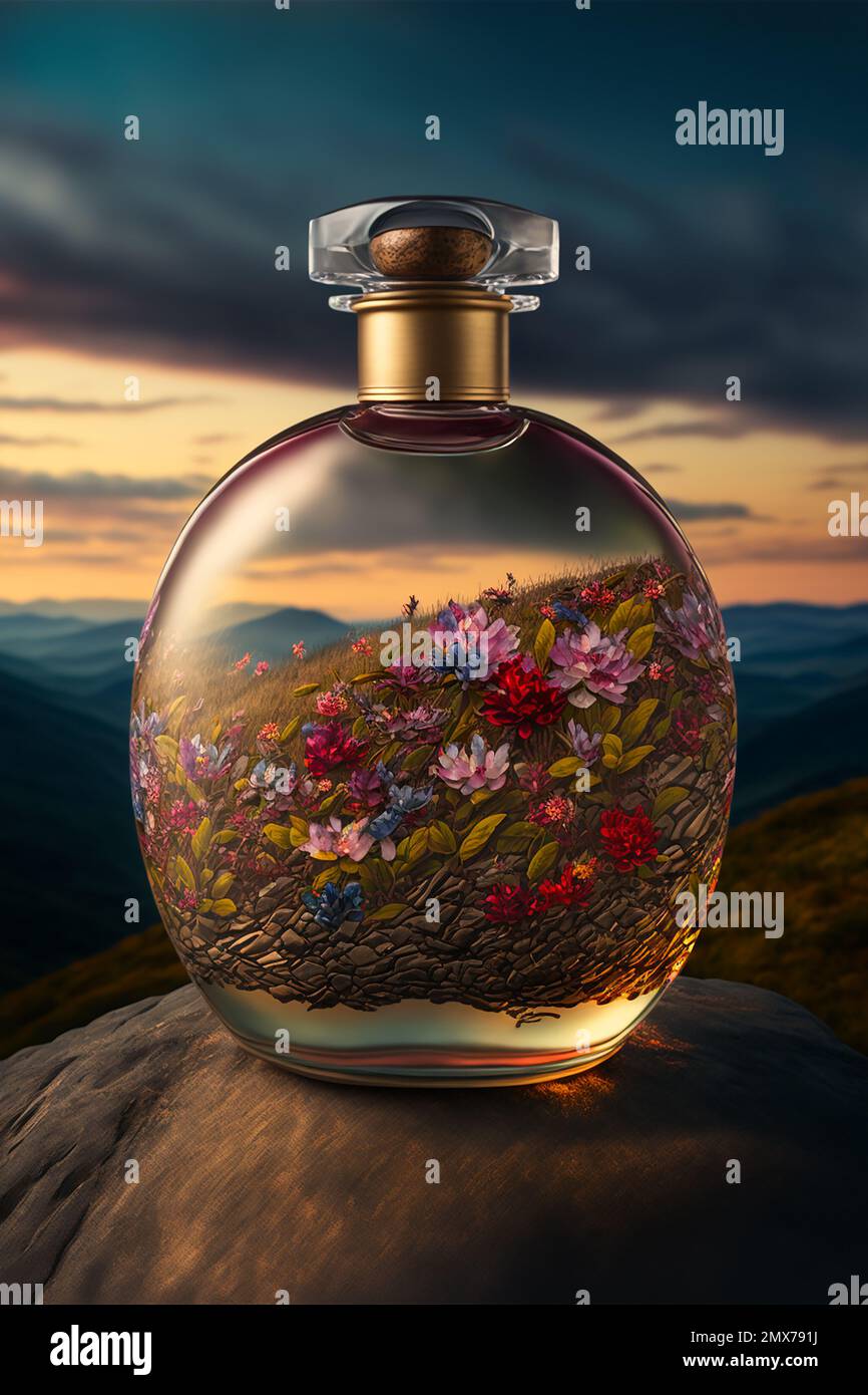 MIDJOURNEY AI art landscape of  glass bottle with Rhododendron along Appalachian Trail in Southern mountain bald Stock Photo