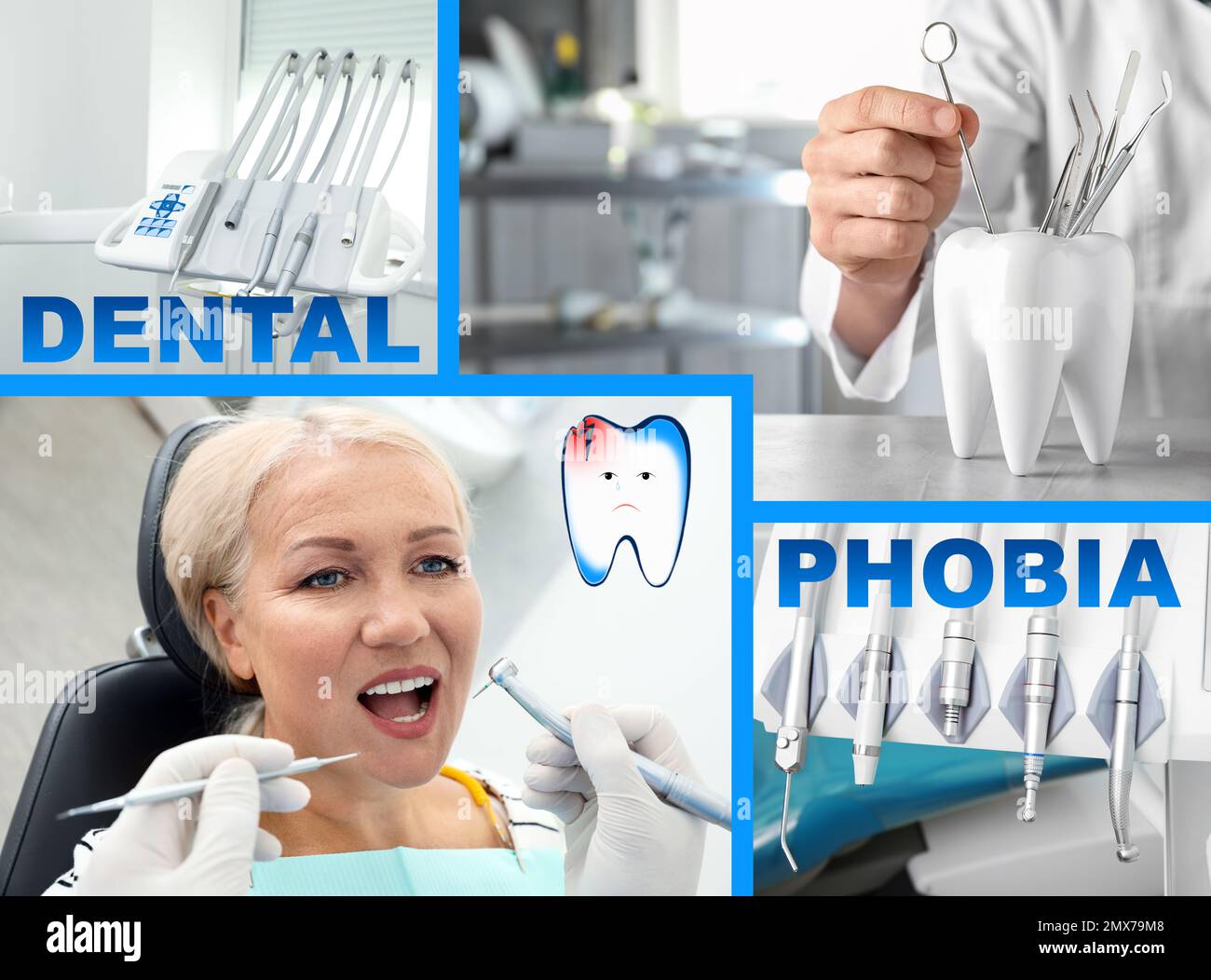 Dental phobia concept. Collage with photos of patient and doctor Stock