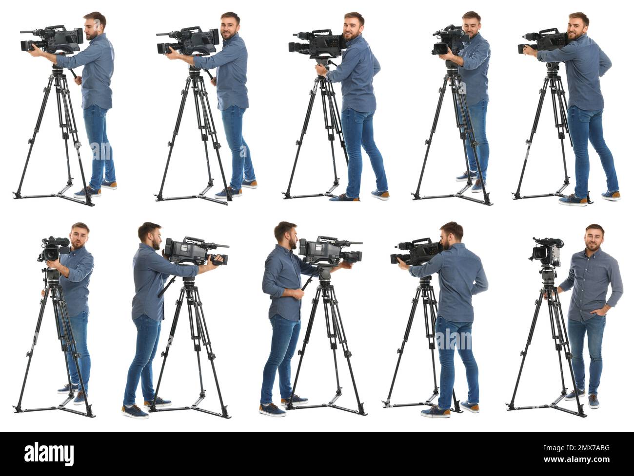 Collage of operator with professional video camera on white background
