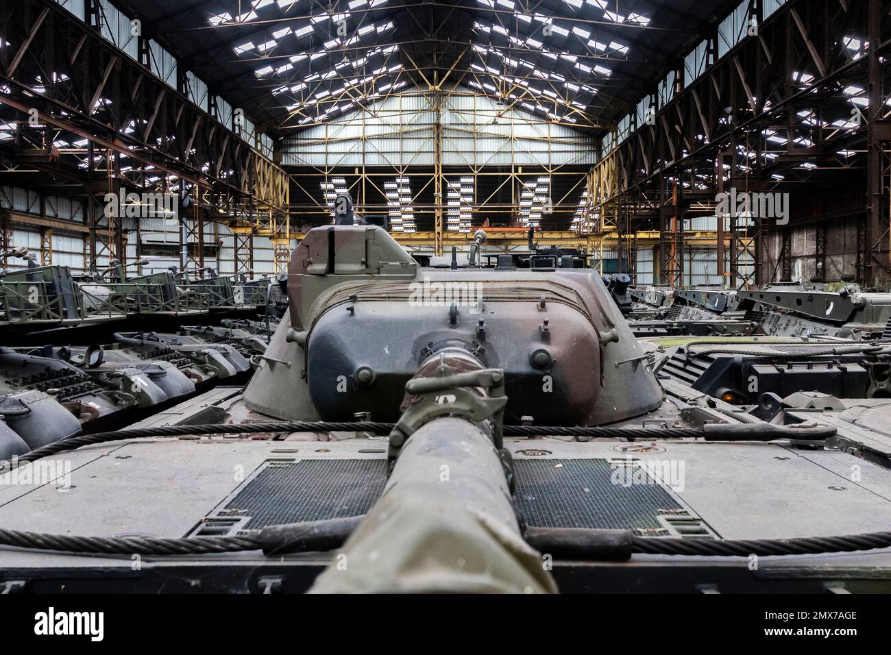 Belgium / Brussels, 2/2/2023 -  The man who wanted to help Ukraine: in the hangars, the leopards -  2/2/2023  -  Belgium / Brussels / Brussels  -  While the Europeans have to send Leopards 2 and other tanks to Ukraine, some 500 heavy and light tanks (Leopards 1 and Cheetahs...) are stored in the hangars of the defence company OIP Land Systems near Tournais in Belgium. This number makes it the largest private collection of tanks in Europe.) Freddy Versluys, the CEO is ready to sell and export them as soon as he receives the necessary authorisations from the gover Stock Photo