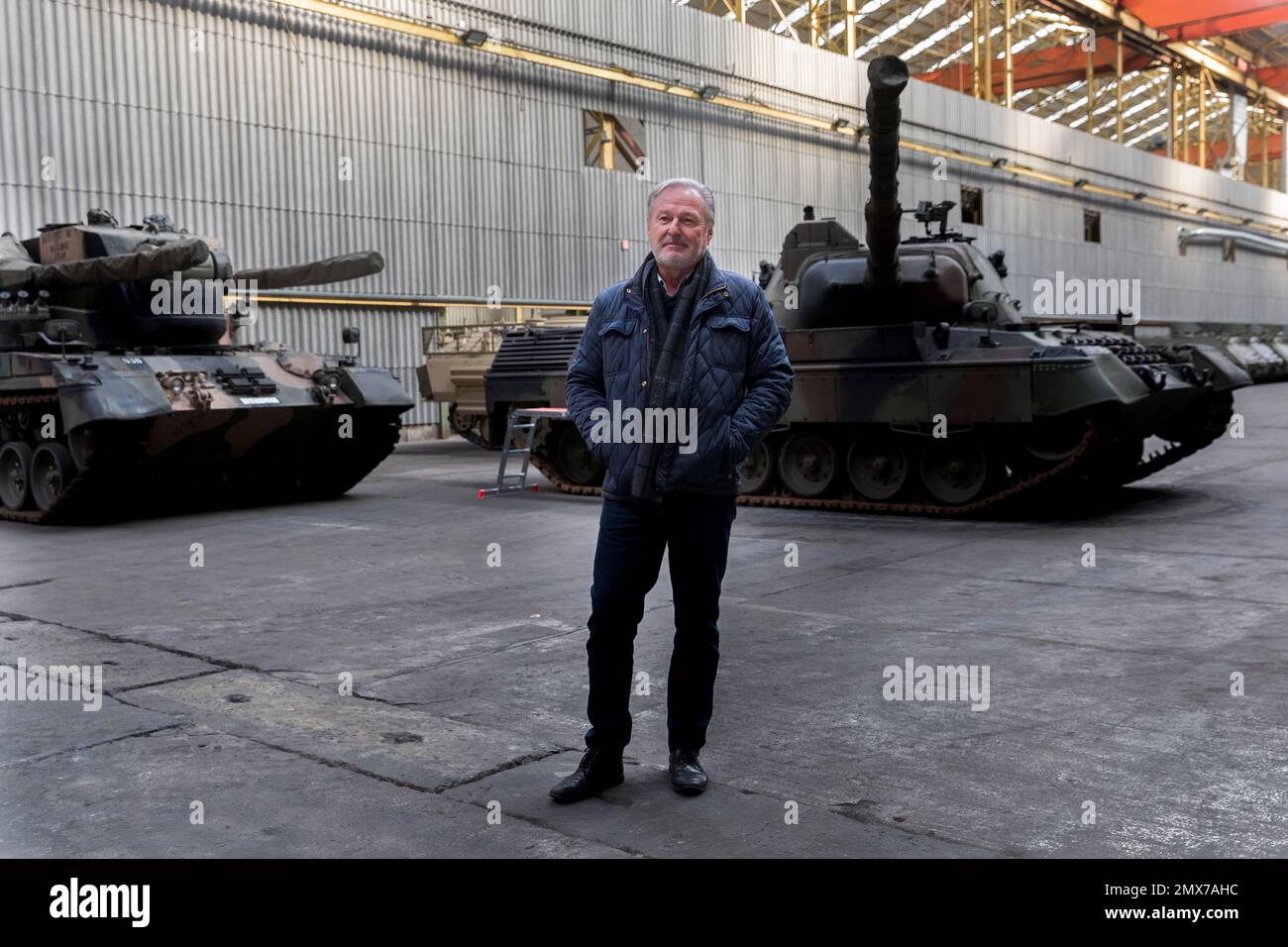 Belgium / Brussels, 2/2/2023 -  The man who wanted to help Ukraine: in the hangars, the leopards -  2/2/2023  -  Belgium / Brussels / Brussels  -  While the Europeans have to send Leopards 2 and other tanks to Ukraine, some 500 heavy and light tanks (Leopards 1 and Cheetahs...) are stored in the hangars of the defence company OIP Land Systems near Tournais in Belgium. This number makes it the largest private collection of tanks in Europe.) Freddy Versluys, the CEO is ready to sell and export them as soon as he receives the necessary authorisations from the gover Stock Photo