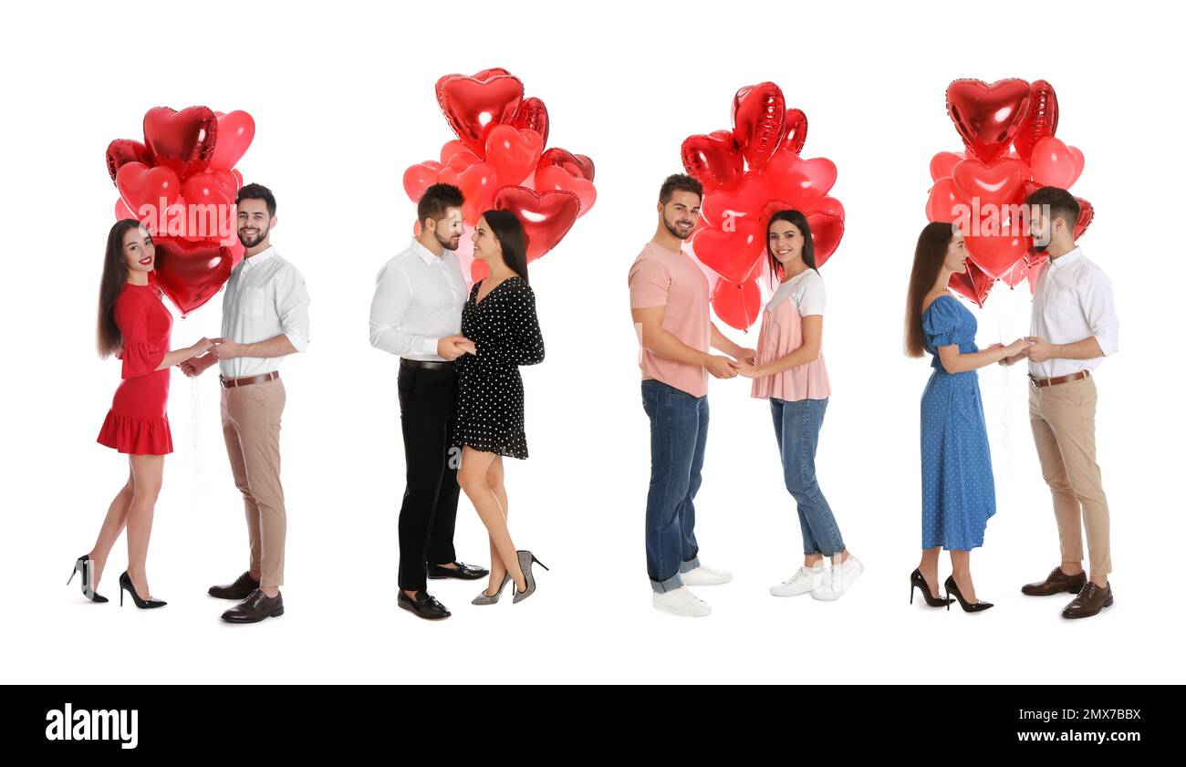 Collage of happy young couples with heart shaped balloons on white ...