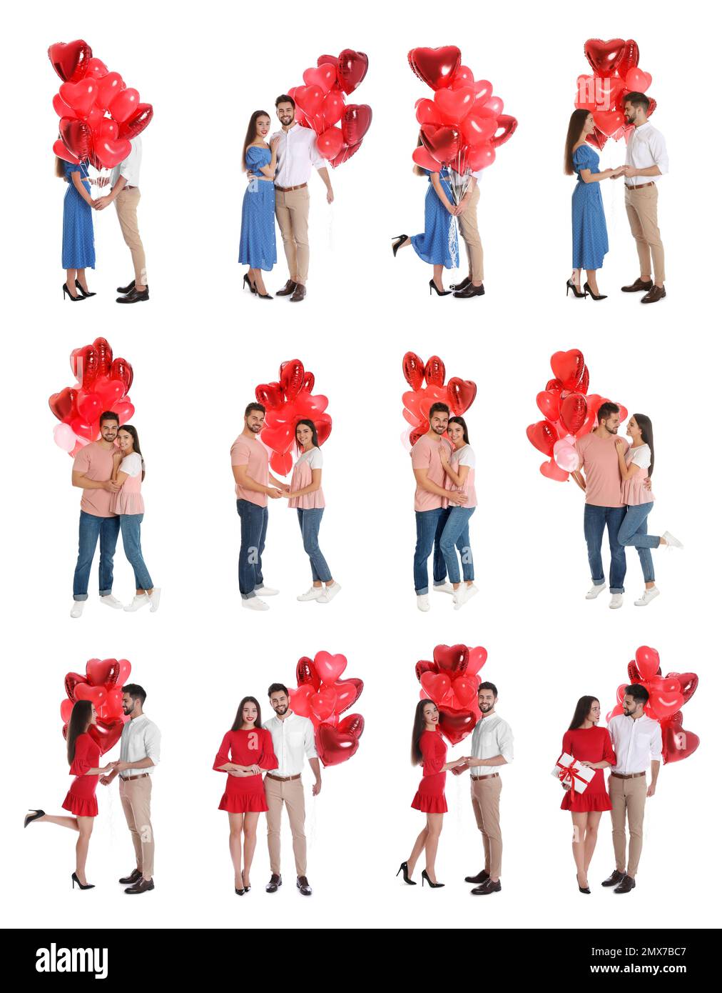 Collage of happy young couples with heart shaped balloons on white ...