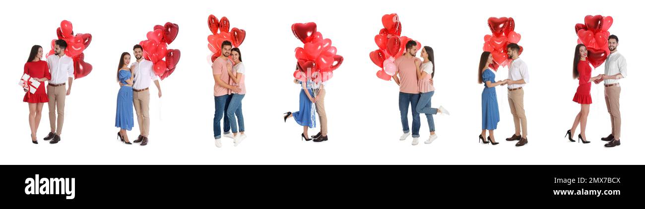 Collage of happy young couples with heart shaped balloons on white ...
