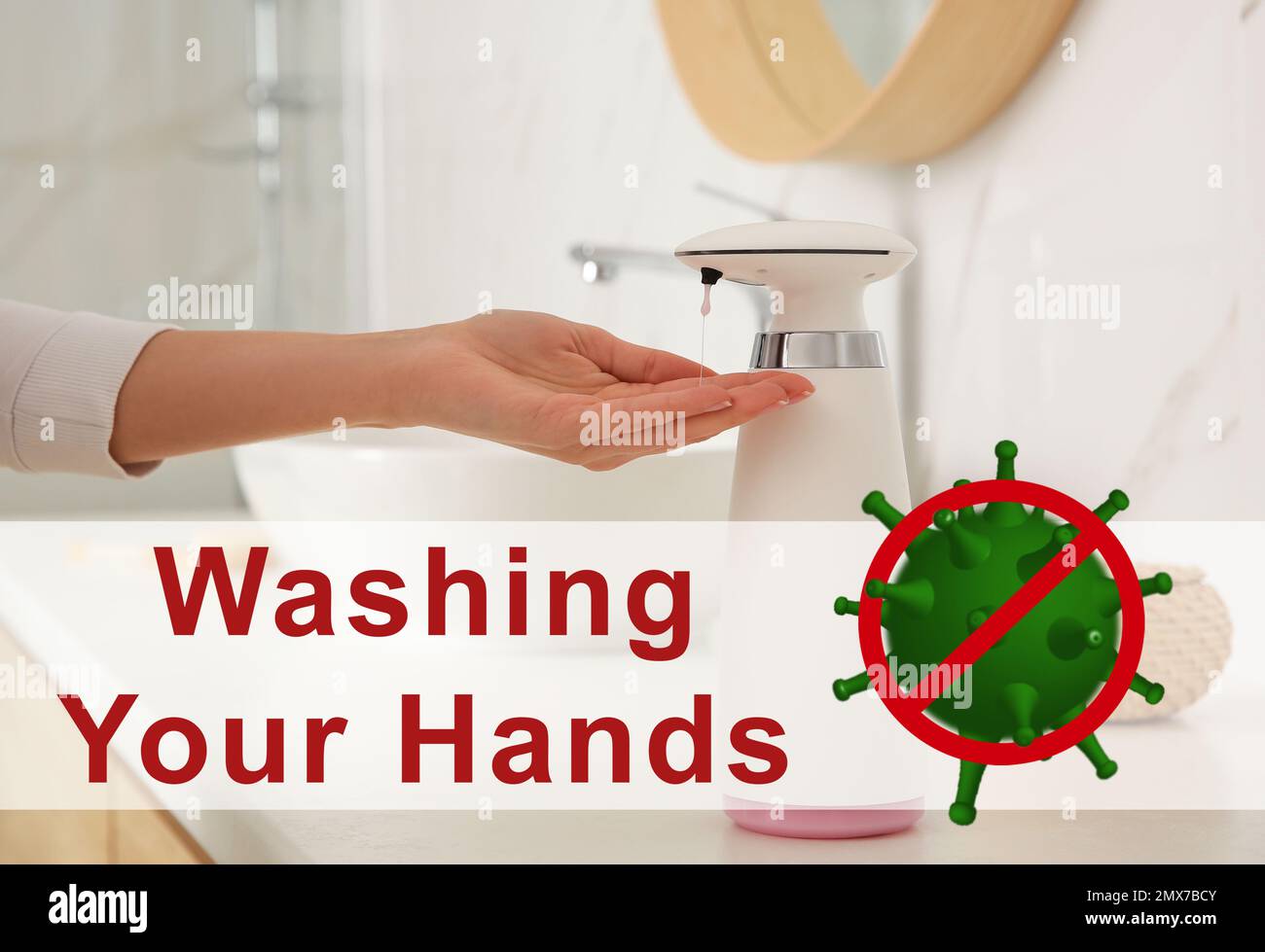 Woman using automatic soap dispenser in bathroom, closeup. Washing hands during coronavirus outbreak Stock Photo