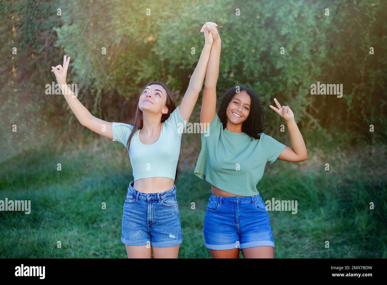 Two girls friends in the countryside enjoying a beautiful day Stock ...