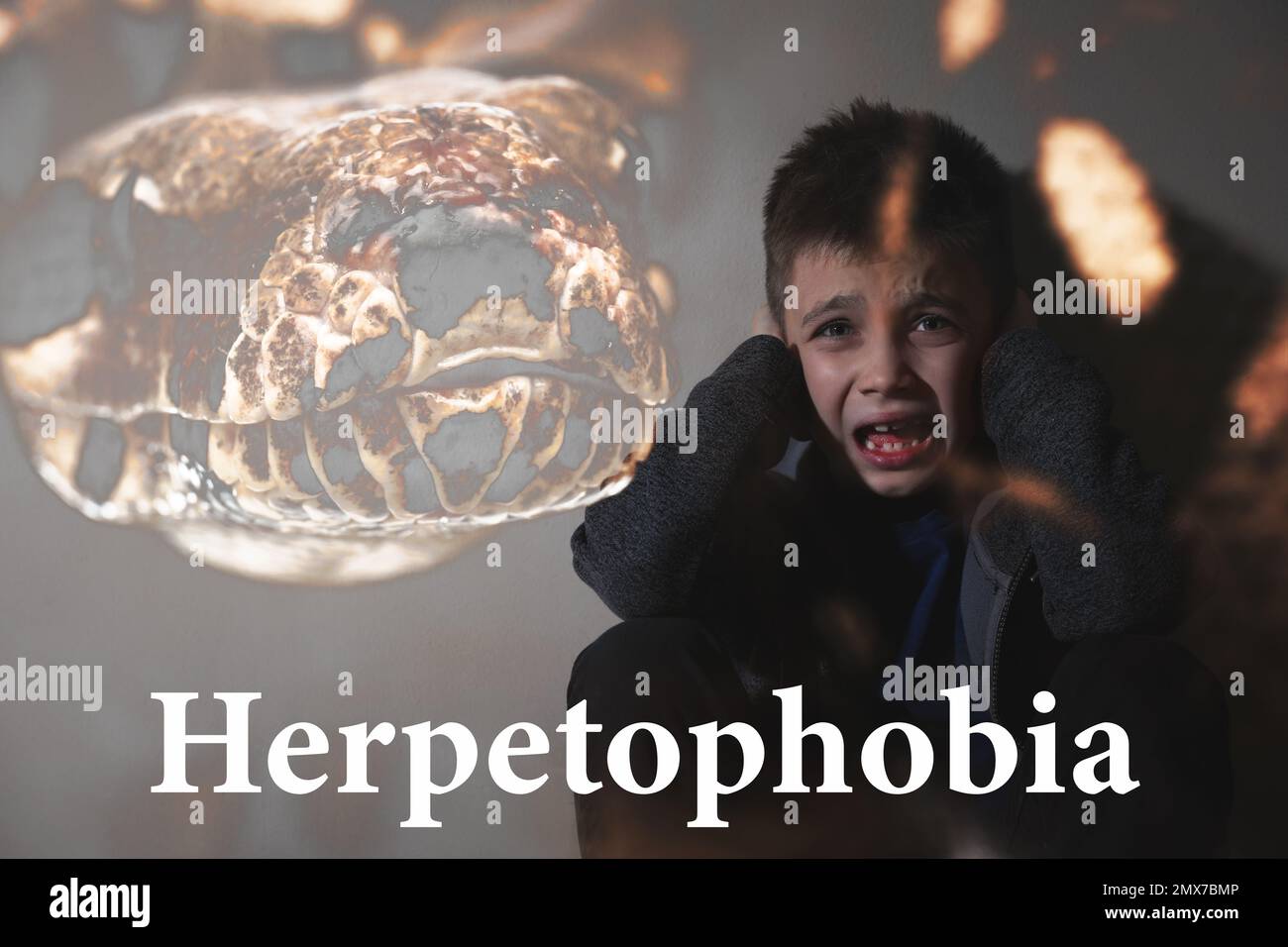 Double exposure of scared little boy suffering from herpetophobia on grey background. Fear or aversion to reptiles Stock Photo