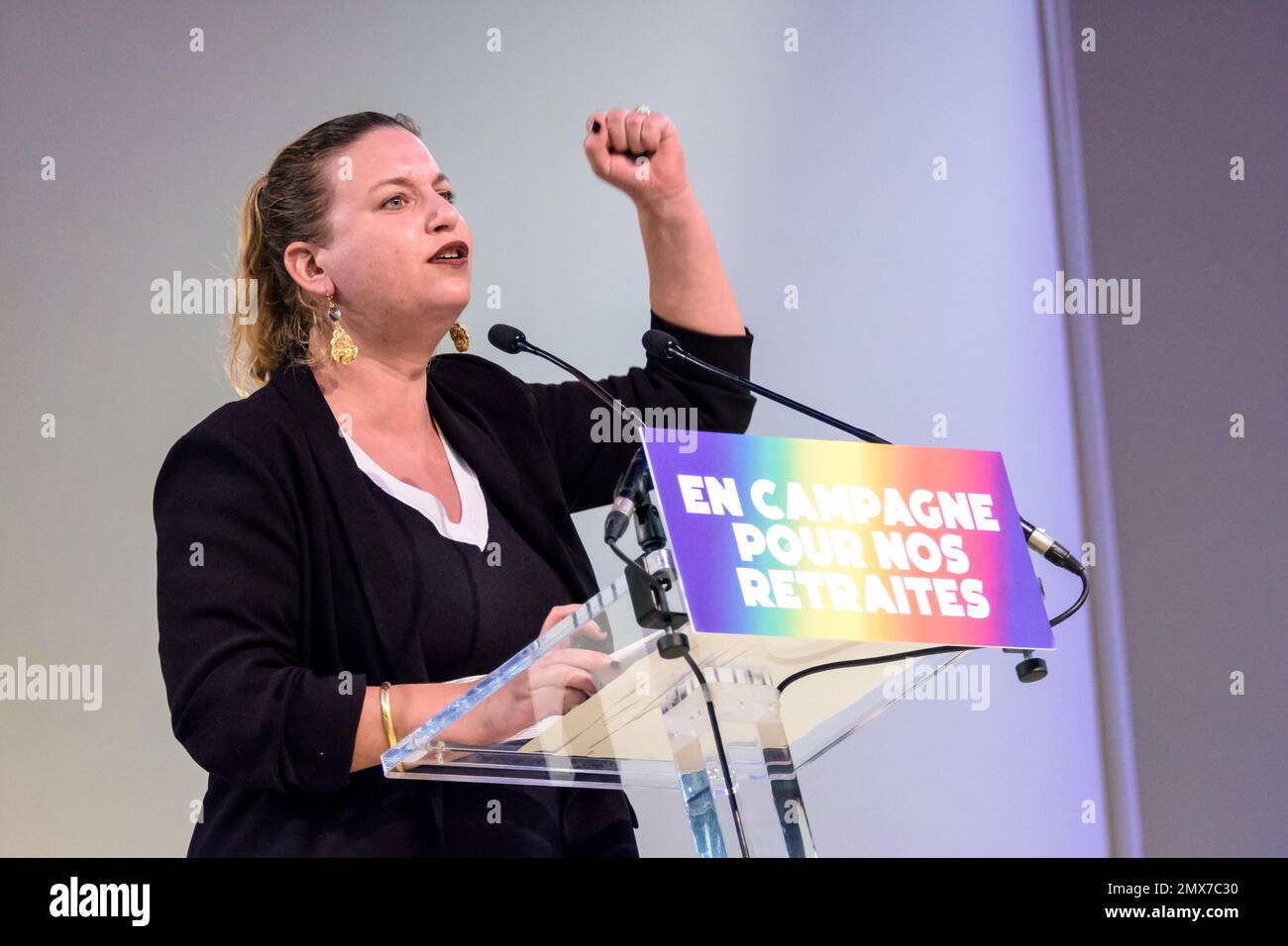 French deputy Mathilde Panot gives a speech at a rally of the Nouvelle Union populaire écologique et sociale (NUPES) against the pension reform. Stock Photo