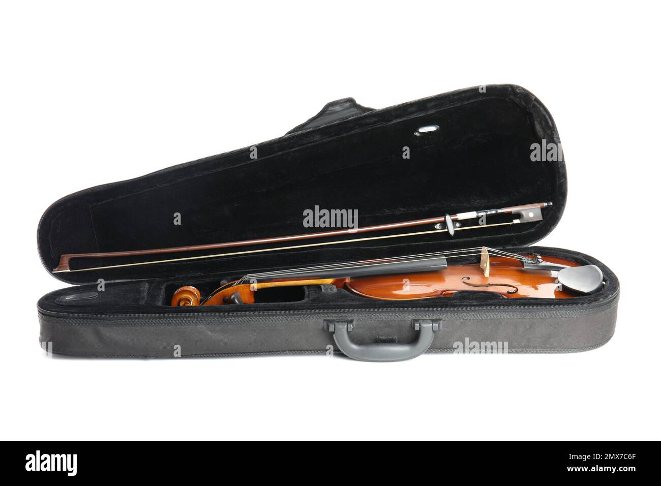 Beautiful classic violin in case isolated on white. Musical instrument