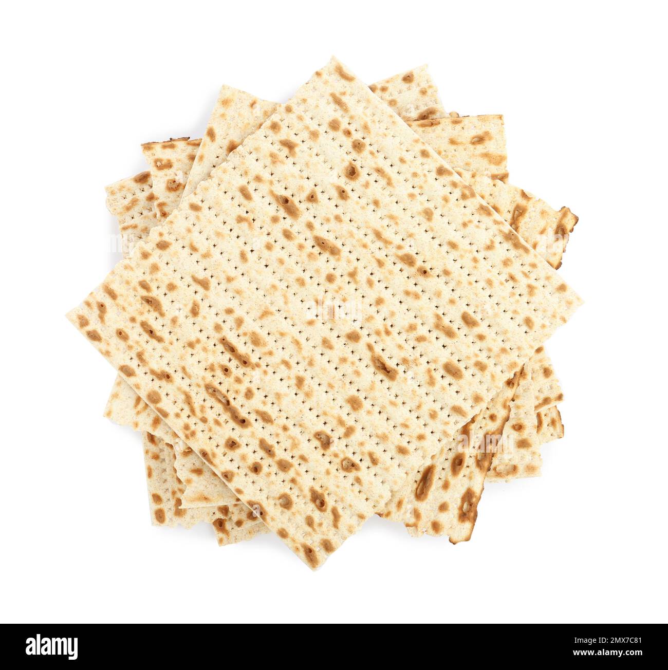 Passover matzos isolated on white, top view. Pesach celebration Stock