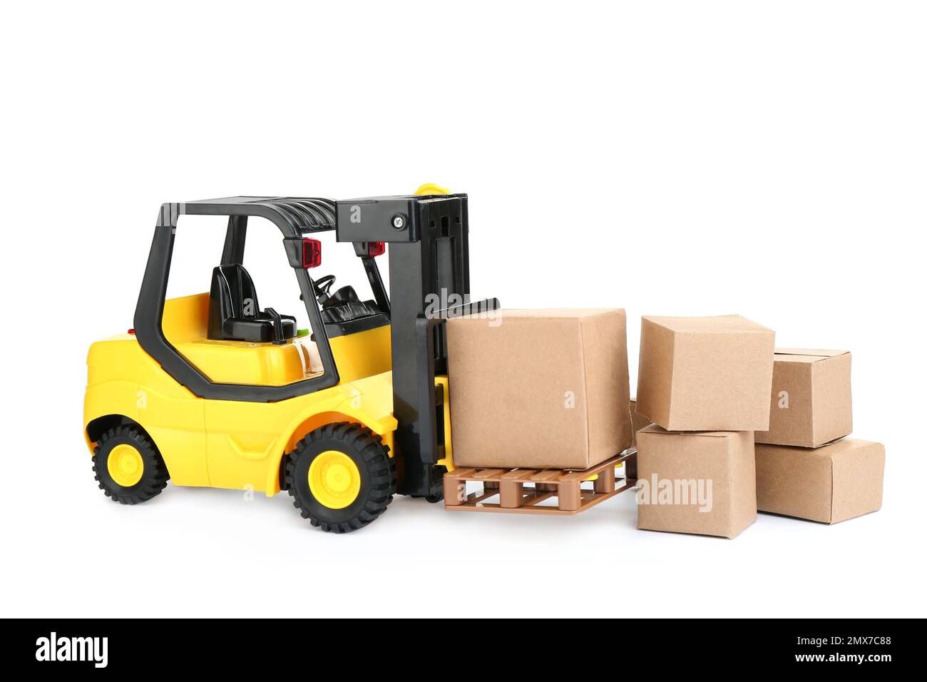 Forklift model and carton boxes on white background. Courier service