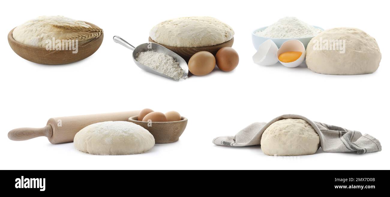 Set with raw dough and ingredients for pastries on white background ...