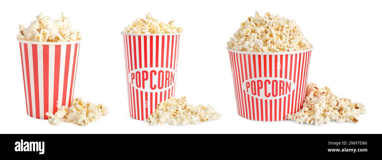 Set with buckets of tasty pop corn on white background. Banner design