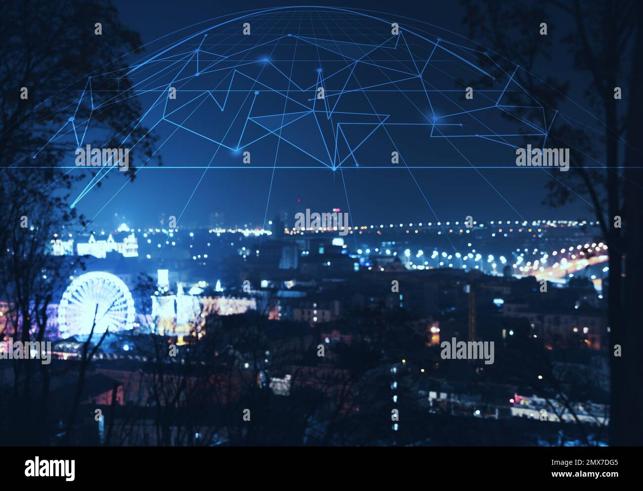 Night cityscape and network connection lines. Cloud technology Stock Photo