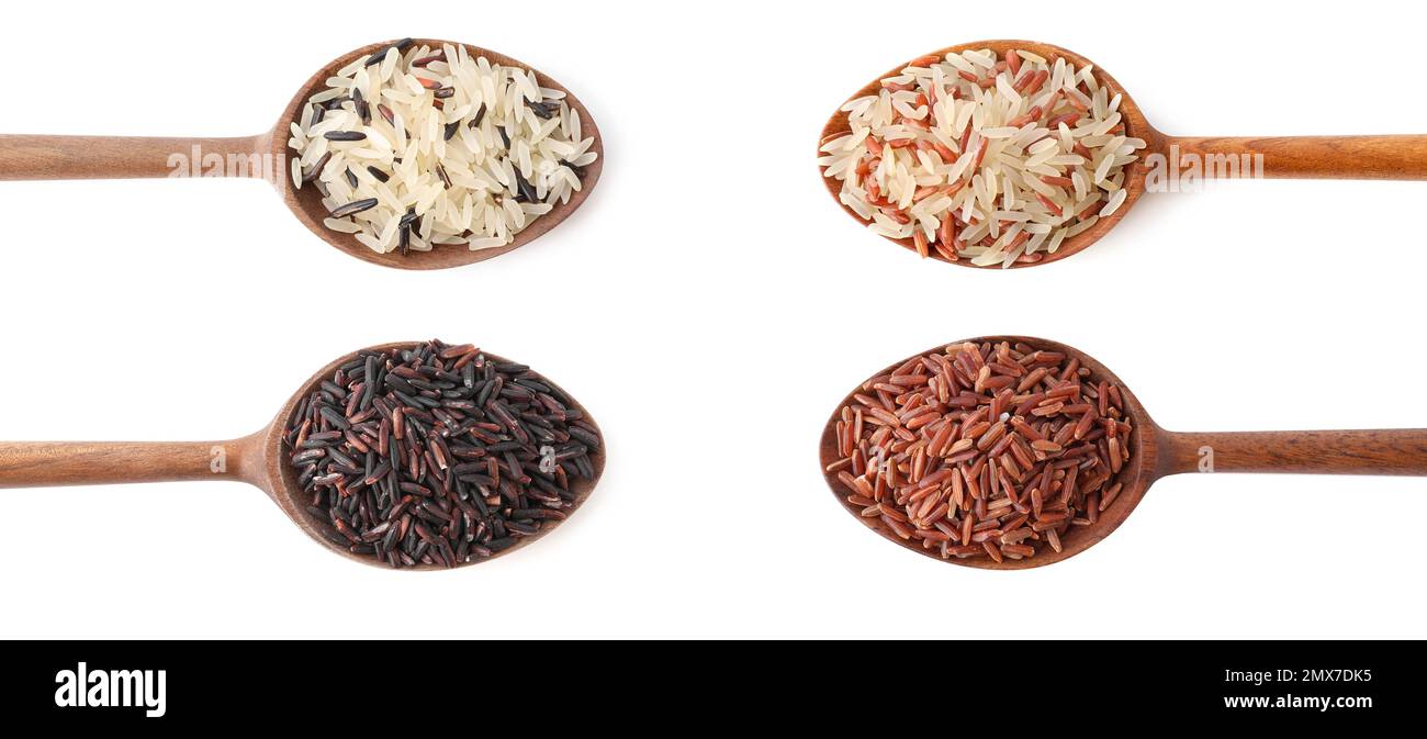 Set with different types of rice in spoons on white background, top ...