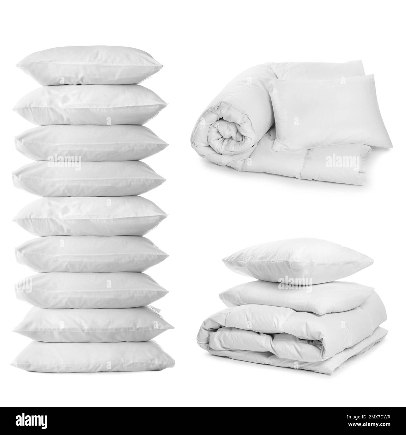 Collage of different soft pillows on white background Stock Photo Alamy