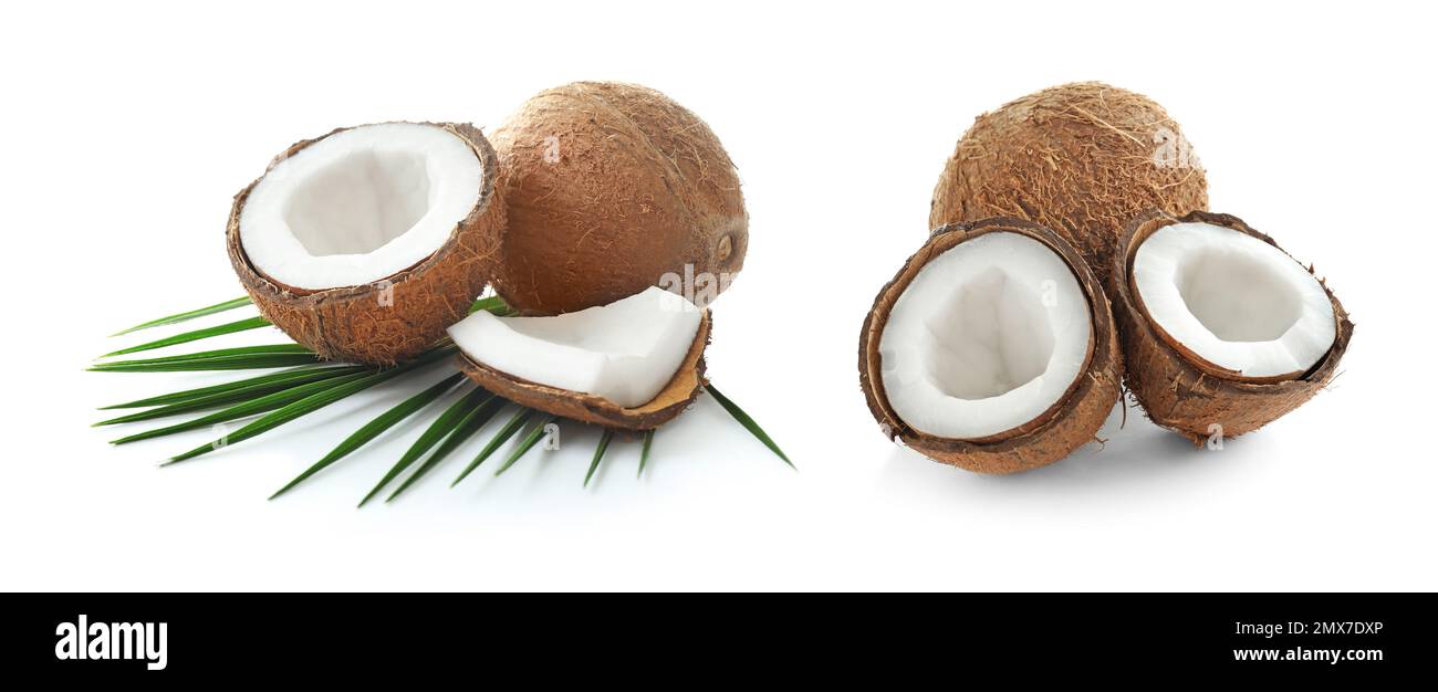 Ripe coconut halves isolated on white. Banner design Stock Photo - Alamy