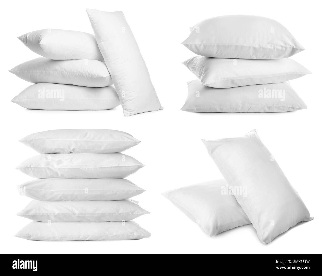Collage of different soft pillows on white background Stock Photo