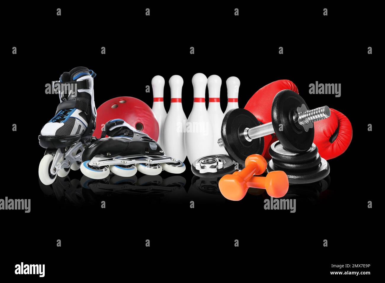 Set of different sport equipment on black background Stock Photo - Alamy