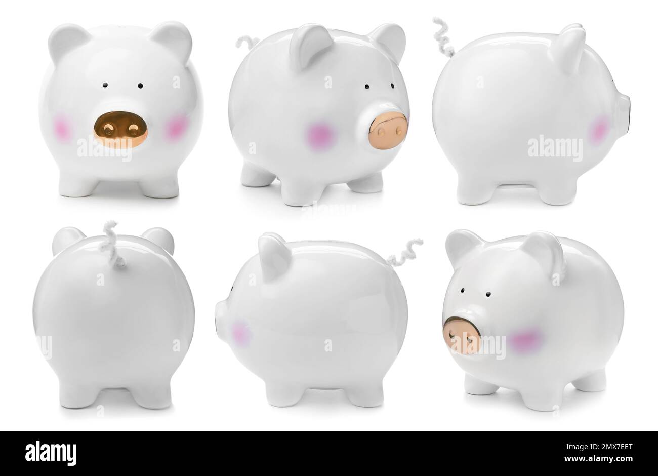 Set with ceramic piggy bank on white background Stock Photo - Alamy