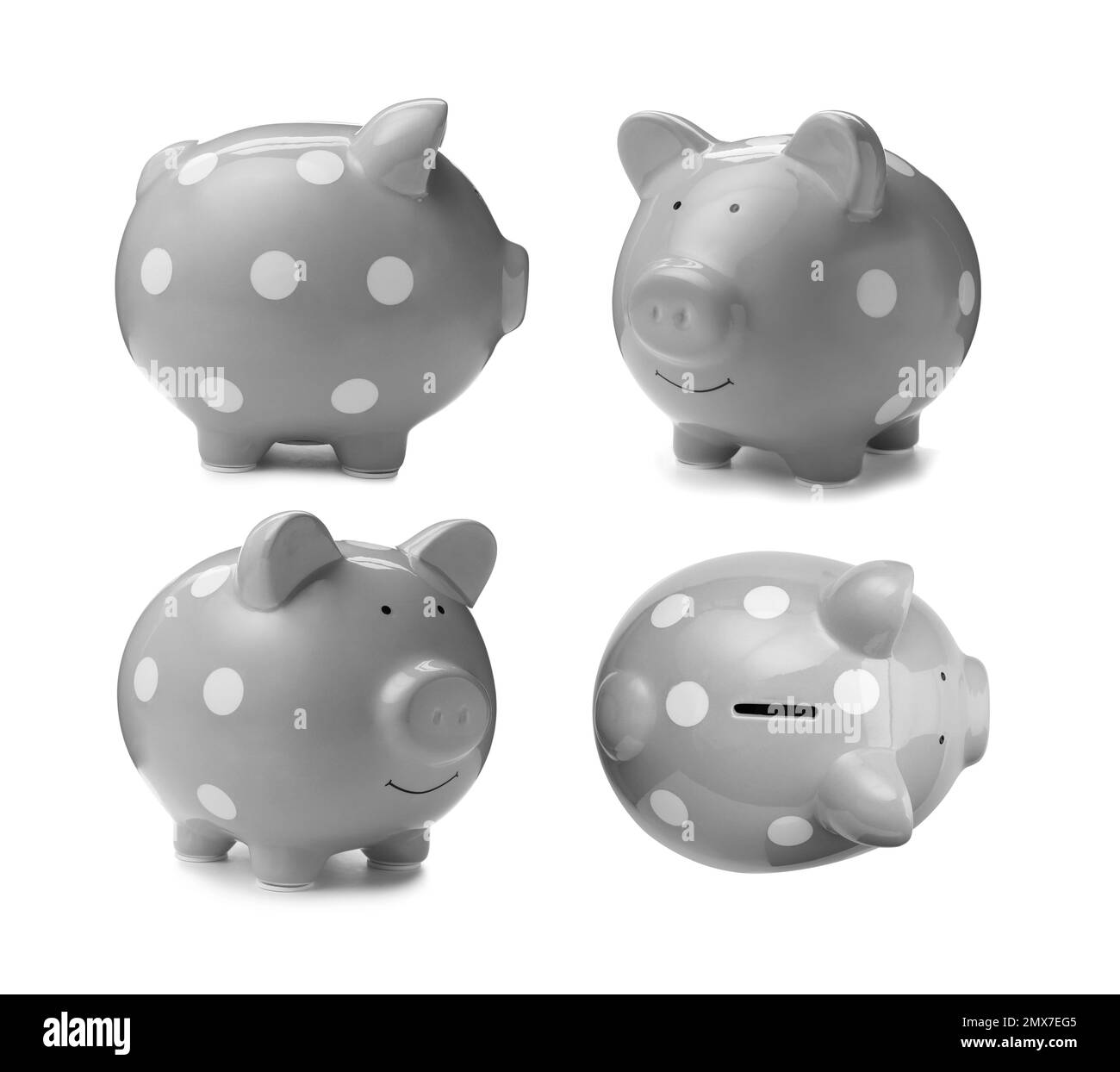 Set with grey piggy bank on white background Stock Photo