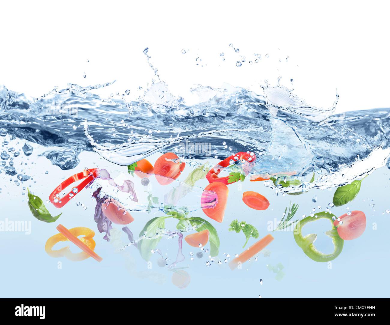 Many different ingredients in water with splashes. Soup recipe Stock