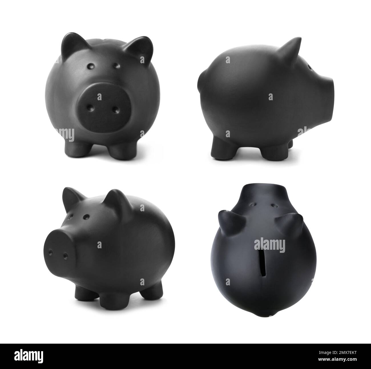 Set with black piggy bank on white background Stock Photo - Alamy