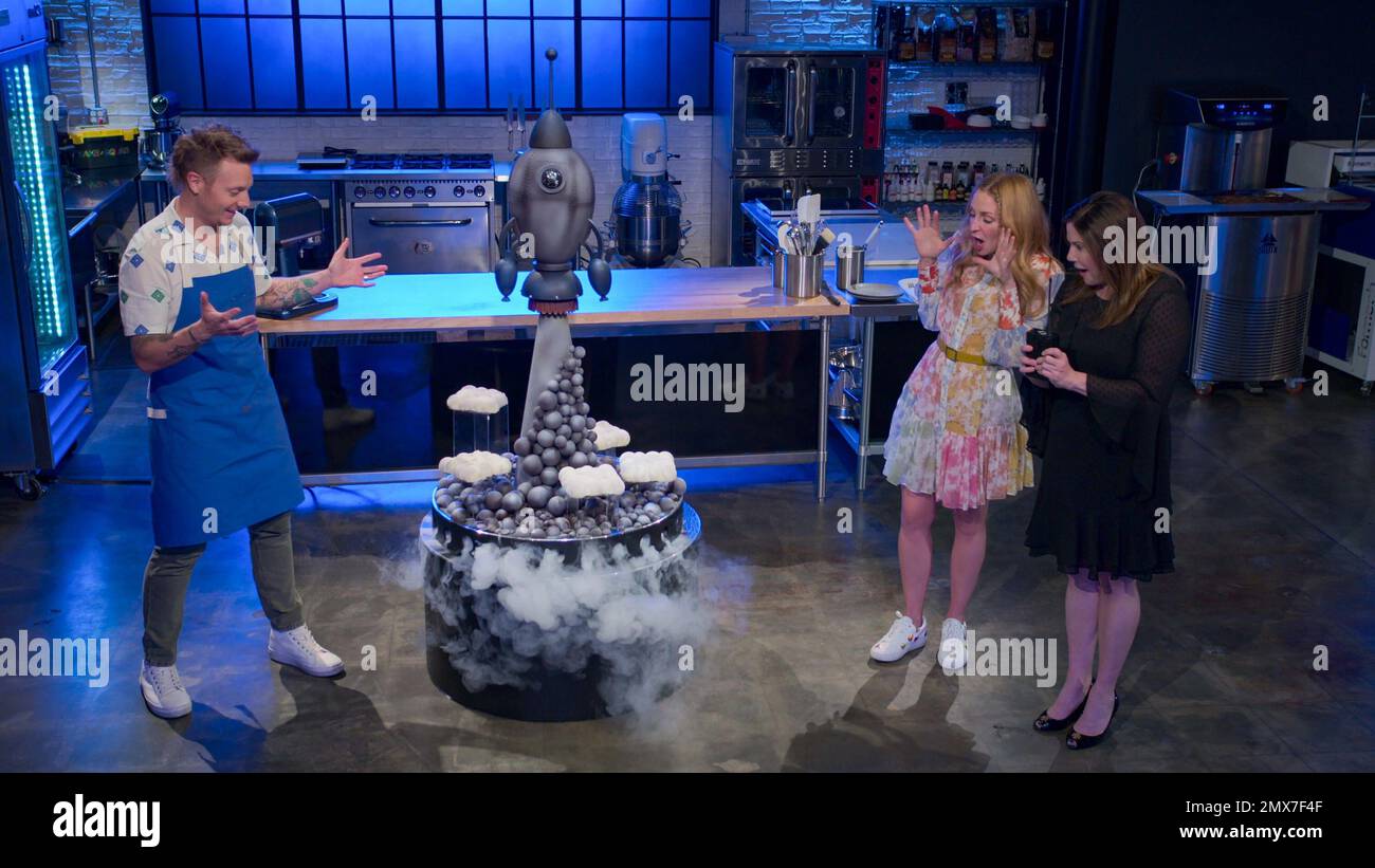 BAKE SQUAD, Gonzo Jimenez (left), host Christina Tosi (print dress